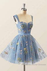 Blue Knee Length Tulle Party Dress, Cute Blue Floral Tulle Homecoming Dress
